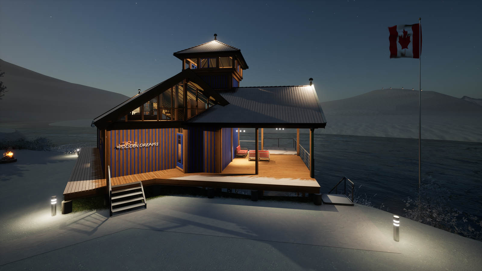 Holzskeletthaus Nachts am Miramichi