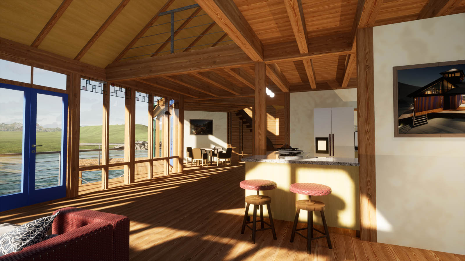 im Loft - Blick nach West - Essplatz und Treppe