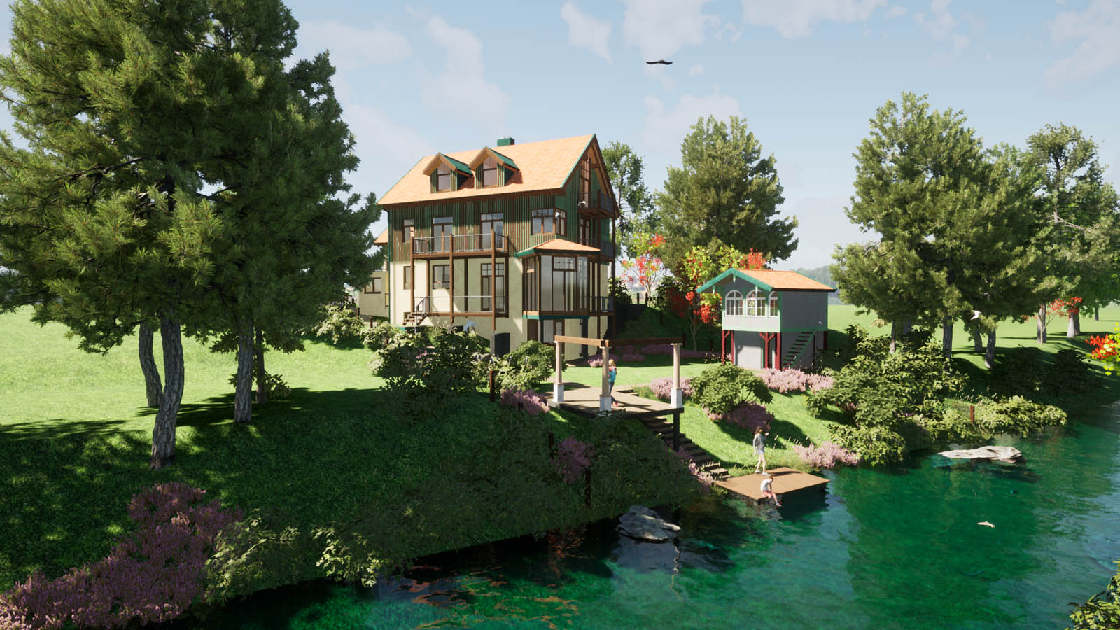 Massivhaus - Bachlauf Massivhaus - vorgelagerter verglaster Bereich über Eck